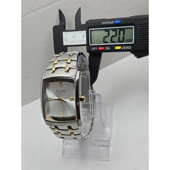 Mens Elgin Two Tone Rectangle Tank Quartz Watch Diamond Accent 33mm New Battery - Picture 6 of 11